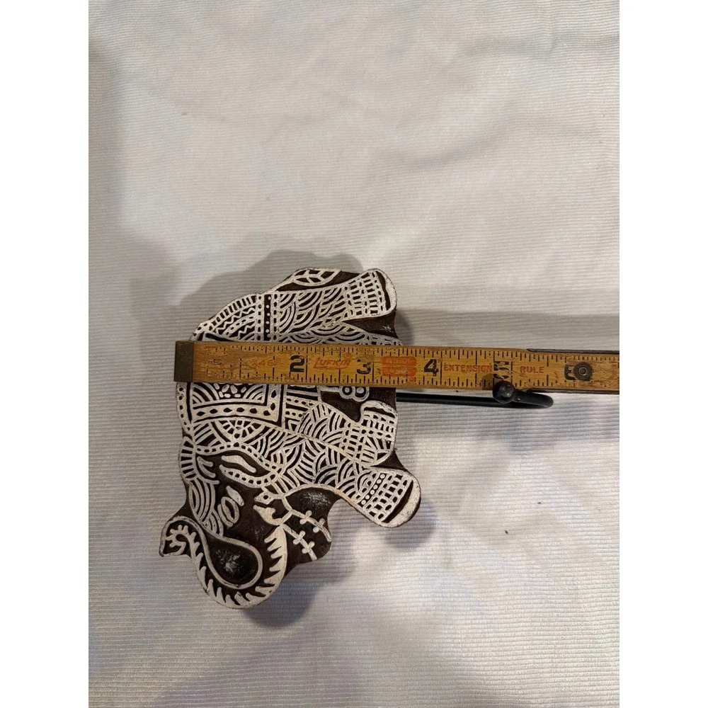 World Market Hand Carved Wood Elephant Wall Hook Brown White Block Print Design
